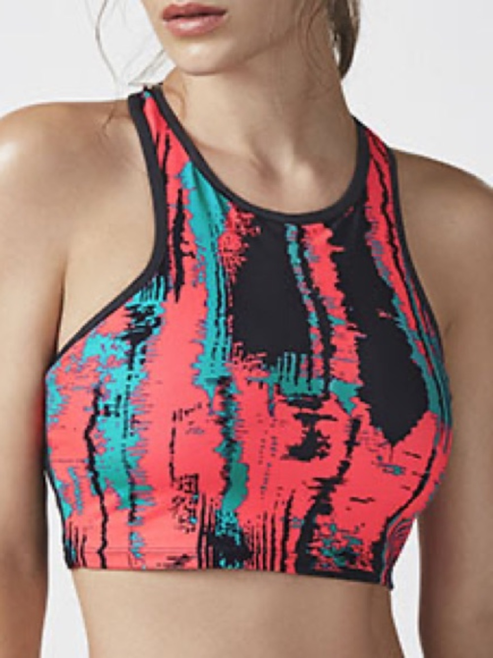 Fabletics Clara Sports Bra Black Coral Teal Abstract Longline Racerback